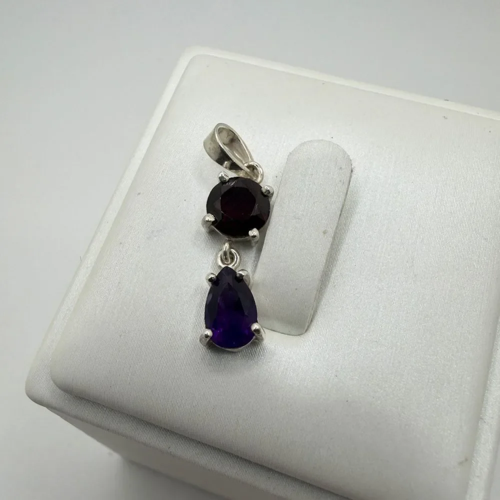 NWOT faceted‎ 7mm garnet and pear cut 8x5mm amethyst pendant in sterling silver!